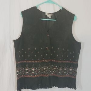 Notations military green velvet fringe vest L size